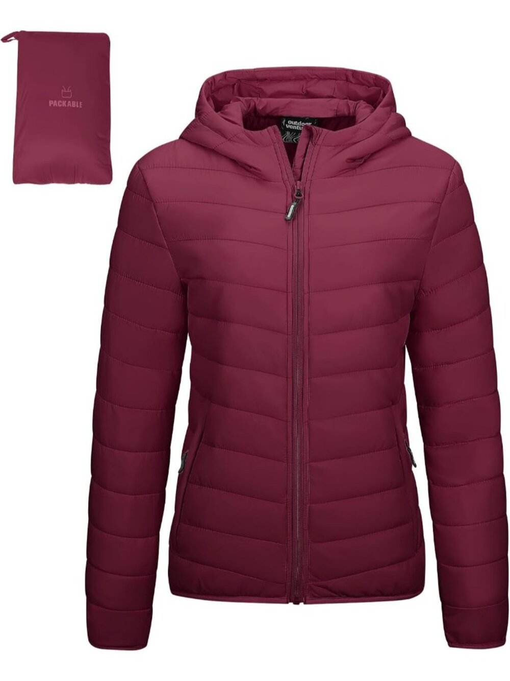 Women's Dark Red Puffer Jackets Packable Hooded Full-Zip Quilted Winter Coats